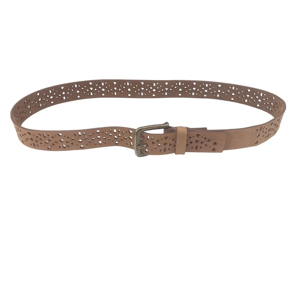 Men's Tan Leather Belt Geometric Punch Cut-Out Antique Brass Buckle Boho M 40